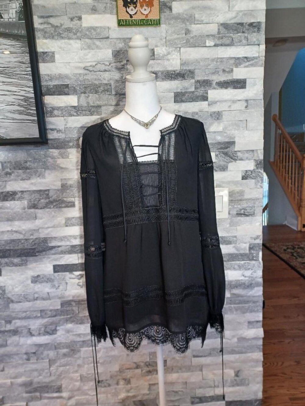 White House Black Market Boho Black Lace Up Neck Lined Tunic  Bow Strings Sz 4